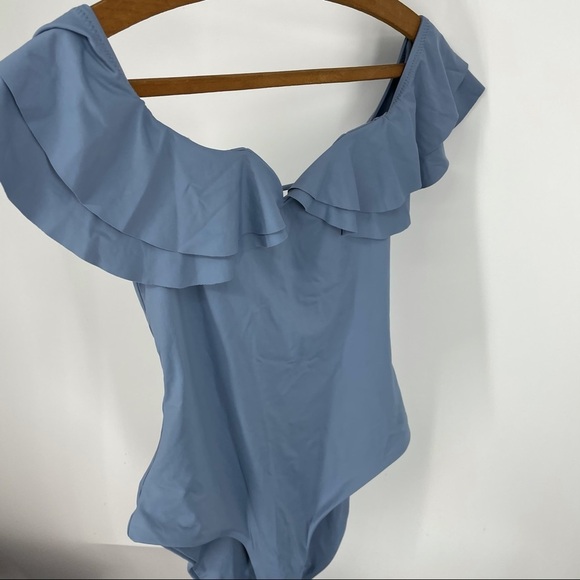 BECCA off the shoulder one piece swim suit blue ruffle small - Picture 5 of 5